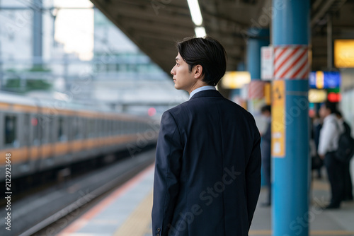 駅のホームで遠くを見つめる日本人ビジネスマン