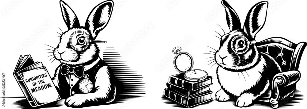 Fototapeta premium Vintage rabbit gentleman vector set, antique woodcut style bunny characters with monocle and pocket watch, black and white storybook illustrations