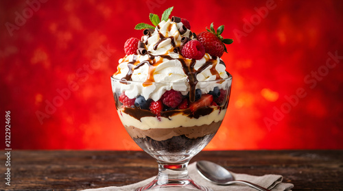 Trifle dessert with layers of cream, chocolate, and fresh berries sits elegantly in a glass bowl on a rustic wooden table, creating a decadent and visually appealing treat for culinary presentation.
