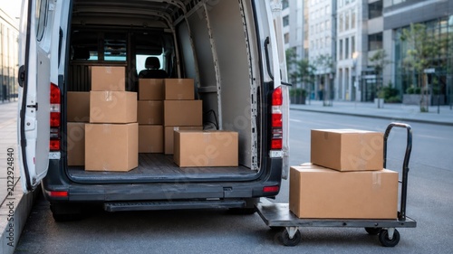 Delivery van parked on city street with cardboard boxes loaded in back and on cart