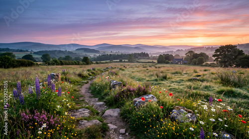Countryside path winds through a vibrant meadow filled with wildflowers toward rolling hills under a soft sunrise sky to offer a tranquil perspective on the beauty of the natural environment at dawn.