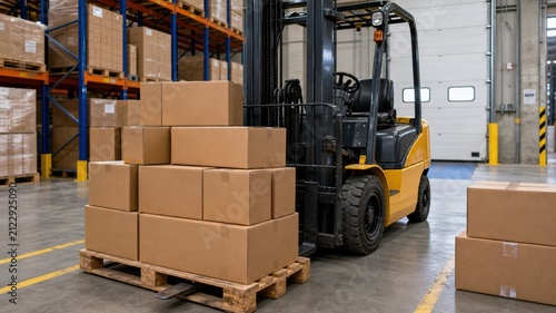 Forklift moving boxes in a warehouse during the day