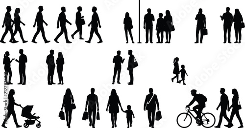 Pedestrian silhouettes vector collection featuring people walking talking shopping cycling and pushing stroller