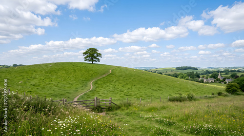 Tree sits atop a lush green hill with a path leading towards the horizon under a clear blue summer sky in the countryside.