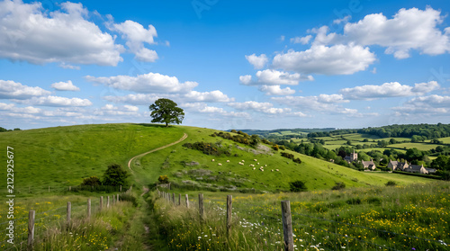 Tree stands alone on a vibrant green rolling hill under a bright blue sky with fluffy white clouds in the English countryside.