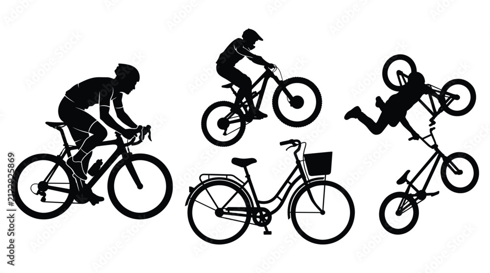 Fototapeta premium Set of cycling silhouettes featuring a road cyclist, a mountain biker jumping, a person on a city bike, and a bmx rider doing a trick
