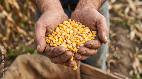Farmer holds a pile of golden corn kernels in his dirty, calloused hands while standing in a busy harvest field.
