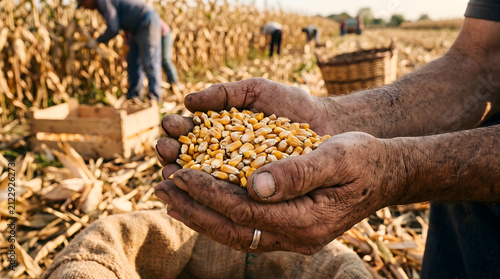 Farmer displays freshly harvested golden corn kernels in cupped hands against a blurred backdrop of an active field.