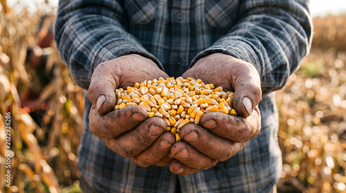 Farmer holds a generous handful of golden harvested corn kernels in a rustic field during a busy autumn workday.
