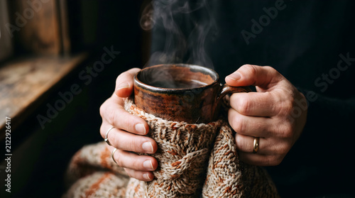 Hands hold a steaming ceramic mug wrapped in a chunky knit sweater, capturing a moment of warmth and comfort during a quiet morning break indoors near a window during the cold winter months.