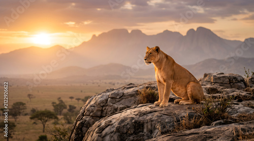 Lioness sits majestically upon a rocky outcrop as the warm glow of the rising sun illuminates the vast African savannah and distant mountains, showcasing the serene power of a predator in the wild.