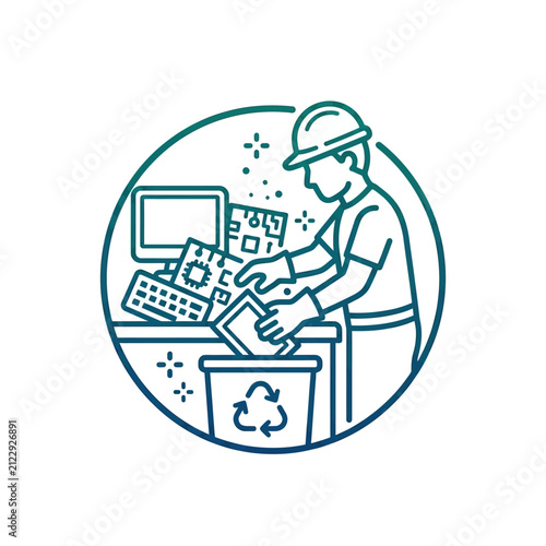 Принти на полотні Technician in a hard hat sorts through discarded electronic components to place them into a recycling bin