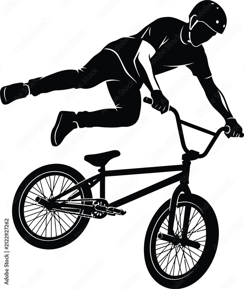 Fototapeta premium Dynamic male BMX rider performing freestyle stunt trick silhouette vector illustration artwork isolated on white background concept for extreme sports competition design