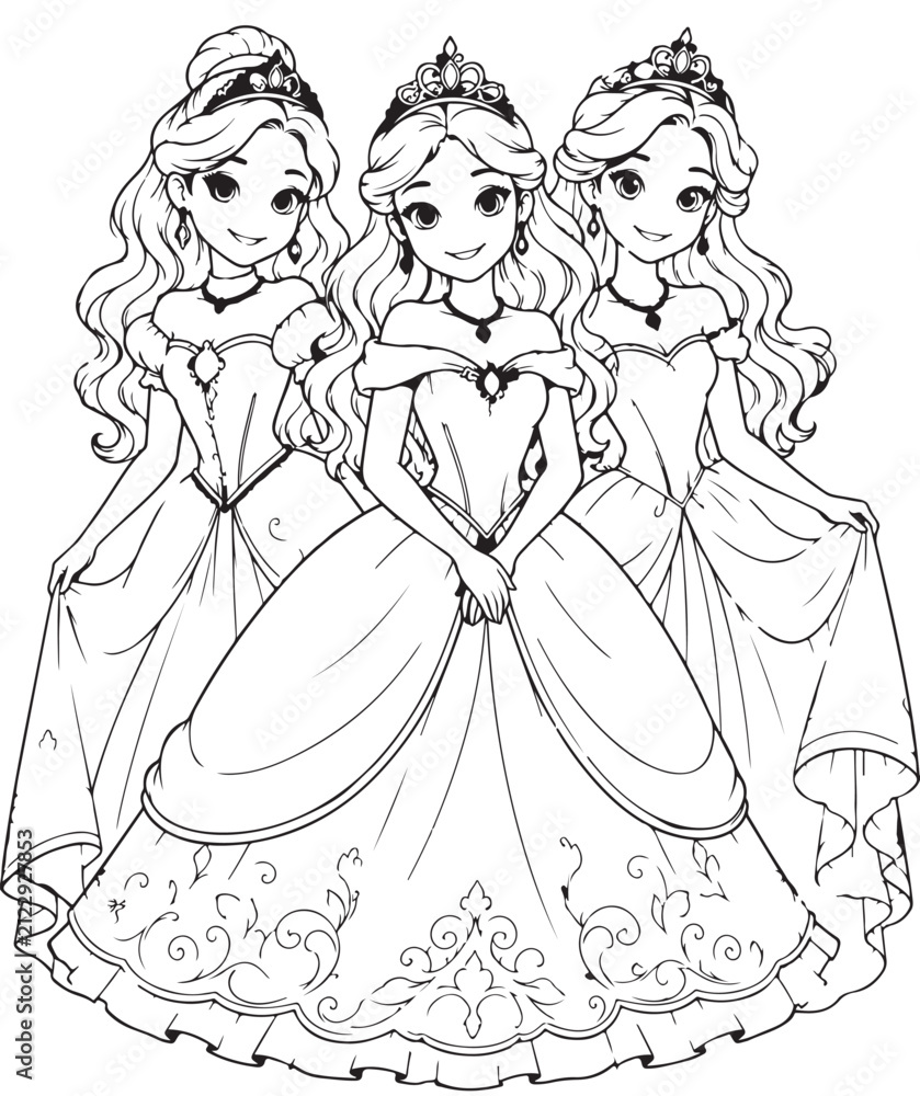 Fototapeta premium doll [Converted].eps Three princesses with long hair and elegant gowns coloring page