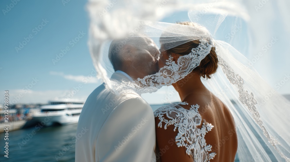 Fototapeta premium A Beautiful Wedding Couple Embracing Each Other on the Scenic Waterfront at Sunset with a Flowing Veil