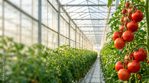 Rows of green tomato plants growing inside commercial glass greenhouse for sustainable agriculture business