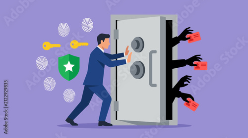 Fotografie Business security concept with businessman protecting a safe from hand robbers t