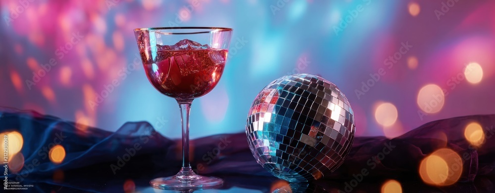 Obraz premium Glamorous Evening Martini and a Disco Ball Set Against a Colorful and Bright Background for Visual Delight