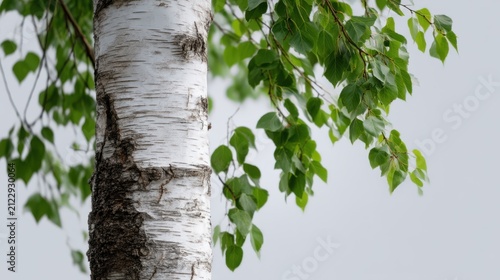 Graceful silver birch branches with fresh green leaves sway gently during a calm spring afternoon in rural Russia
