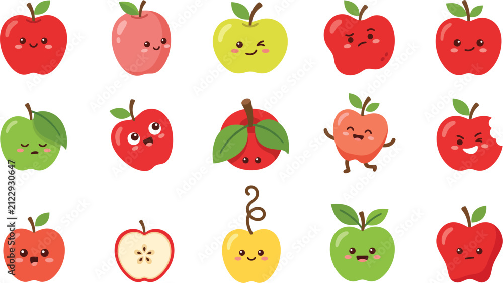 Fototapeta premium Cute Kawaii Apple Character Set with Funny Facial Expressions, Cartoon Red and Green Apples, Adorable Fruit Mascot Collection, Flat Vector Illustration Isolated on White Background