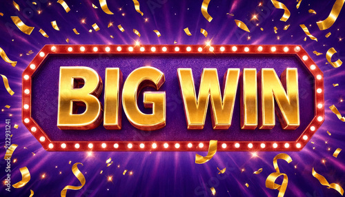 Big win sign with gold letters and confetti on purple background casino or lottery celebration concept with glowing lights and festive atmosphere