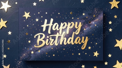 Happy Birthday card top view with stars and glitter, magical celebration, dreamy party invitation