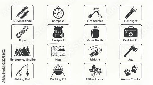 Wilderness survival icon set for outdoor adventure and camping. Vector line art pack with essential gear and tools for hikers and preppers.
