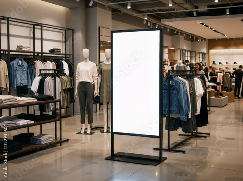 Fashion Focus: Blank Lightbox Among Racks—Concrete, Wood Hangers, and 8K Boutique Clarity