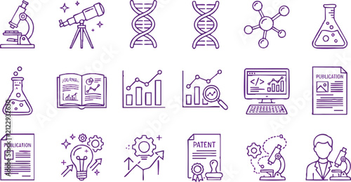 Academic research vector icons for presentations and reports. Scholarly line art set for education, science, and data visualization.