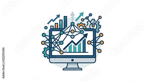Computer monitor displays complex data analytics alongside interconnected node and gear network symbols.