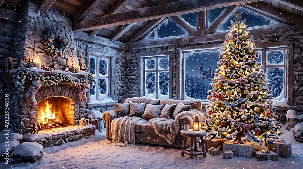 Obraz premium Cozy rustic log cabin living room decorated for christmas with a glowing fireplace and a beautifully lit pine tree during a snowy night