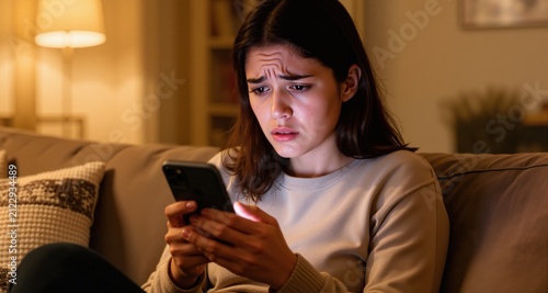 Concerned Young Woman Reading Phone Messages on Couch at Home Feeling Stressed and Upset
