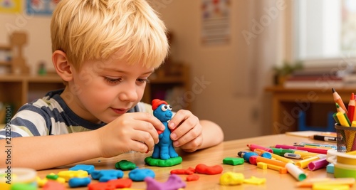 Blond boy sculpts from plasticine at home at the table. The idea and concept of the school, home education and developmental activities.
