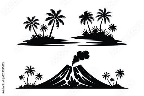 Tropical island landscapes and active volcano eruption vector silhouette graphics