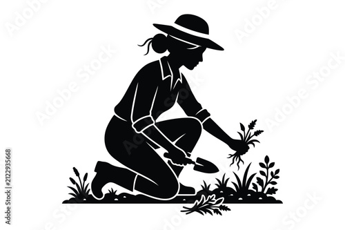 Gardener woman wearing hat weeding garden bed vector silhouette illustration