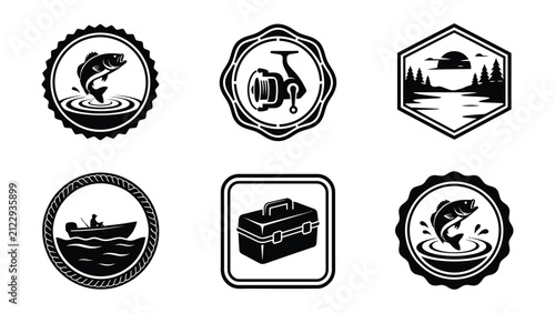 Картината върху платно Black and white fishing lure icon with jumping fish
