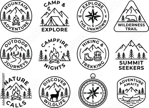 Vintage outdoor camping badge vector set, mountain adventure campfire seal, camp explore tent emblem, explore unknown compass rose, wilderness trail bear