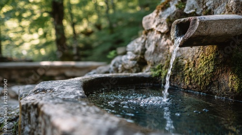 Tranquil water fountain surrounded by lush greenery in a serene forest setting.