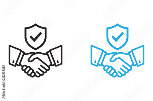Business handshake icon with a protective shield representing insurance agreement and secure partnership or corporate deal