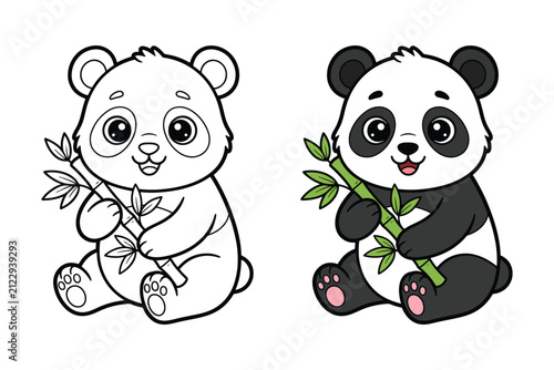 Cute baby panda sitting holding bamboo coloring page with colored sample for kids