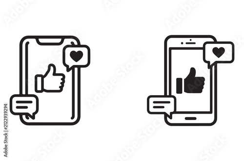 Set of two smartphone icons featuring thumbs up and social media notification bubbles in a simple line style