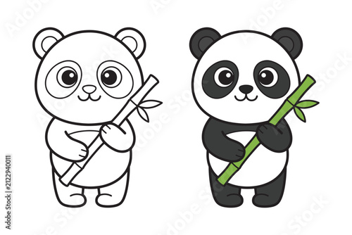 Cute baby panda standing holding bamboo stalk coloring page with colored sample for kids