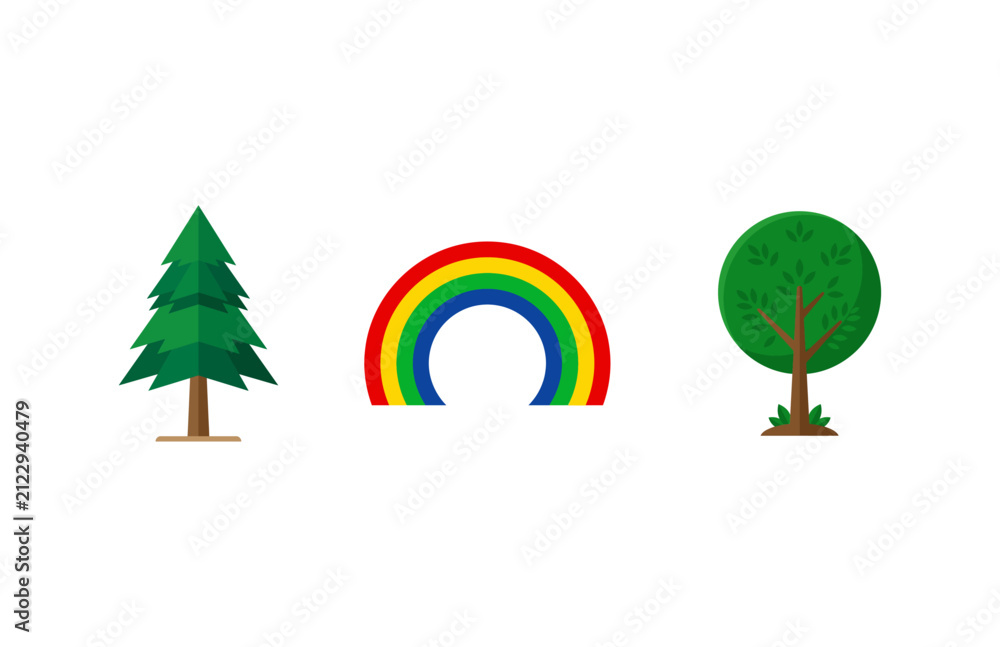 Obraz premium Set of Colorful Flat Icons Featuring a Coniferous Pine Tree a Vibrant Rainbow and a Deciduous Green Tree Design