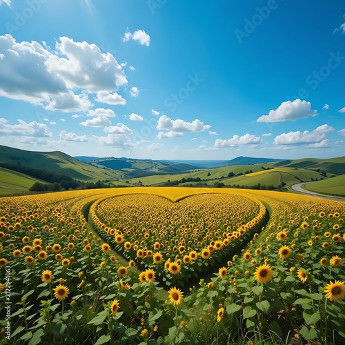 Beautiful Heart Shaped Sunflower Field Under Clear Blue Sky With Rolling Hills