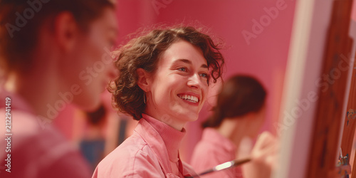 Smiling Young Woman Painting in a Vibrant Pink Art Studio