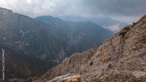 Breathtaking views of the rugged landscapes in Kyrgyzstan's Pamir mountains reveal steep gorges and dramatic heights, perfect for trekking and mountaineering.