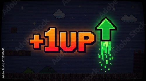 Pixelated 1up text and arrow with green trail retro video game style pixel art eight-bit gaming over level extra life bonus stage arcade