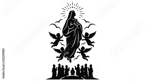 Foto Religious Silhouette Of Madonna With Angels And People Black On White Background