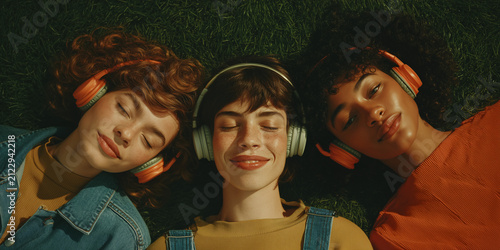 Three Diverse Young Women Relaxing on Grass Listening to Music with Headphones