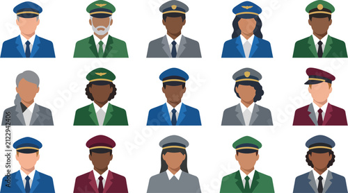 Set of diverse professional pilot avatars showing various ethnicities and genders wearing different airline uniforms and caps isolated on a white background